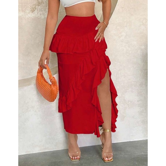 Shein beautiful long red skirt with ruffles, open leg,‎ size L - Picture 3 of 15